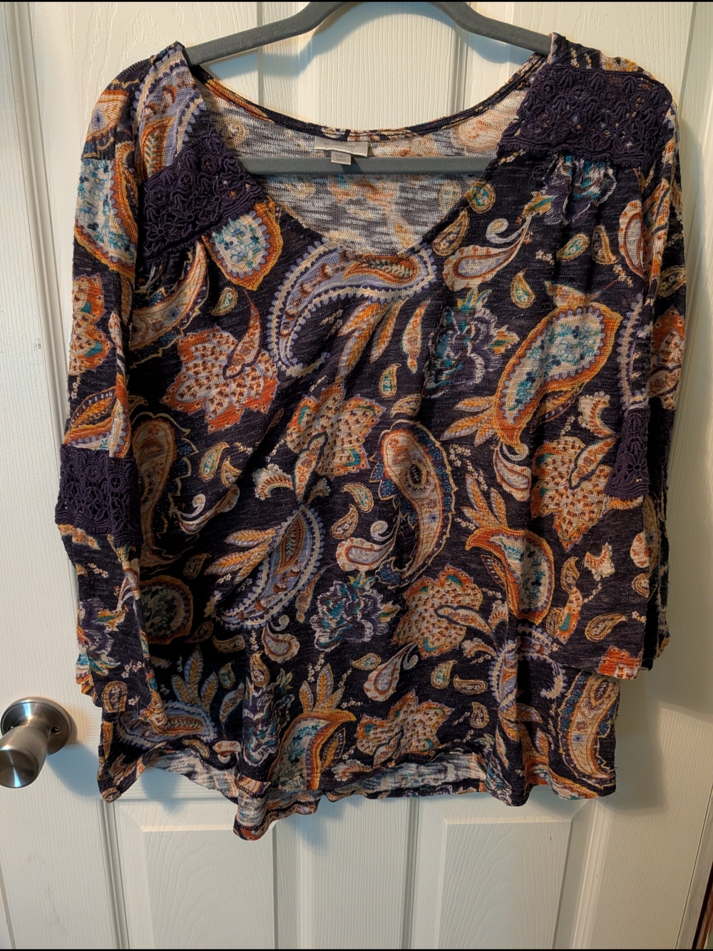 Avenue Navy Paisley Long-Sleeve Top with Lace Detail